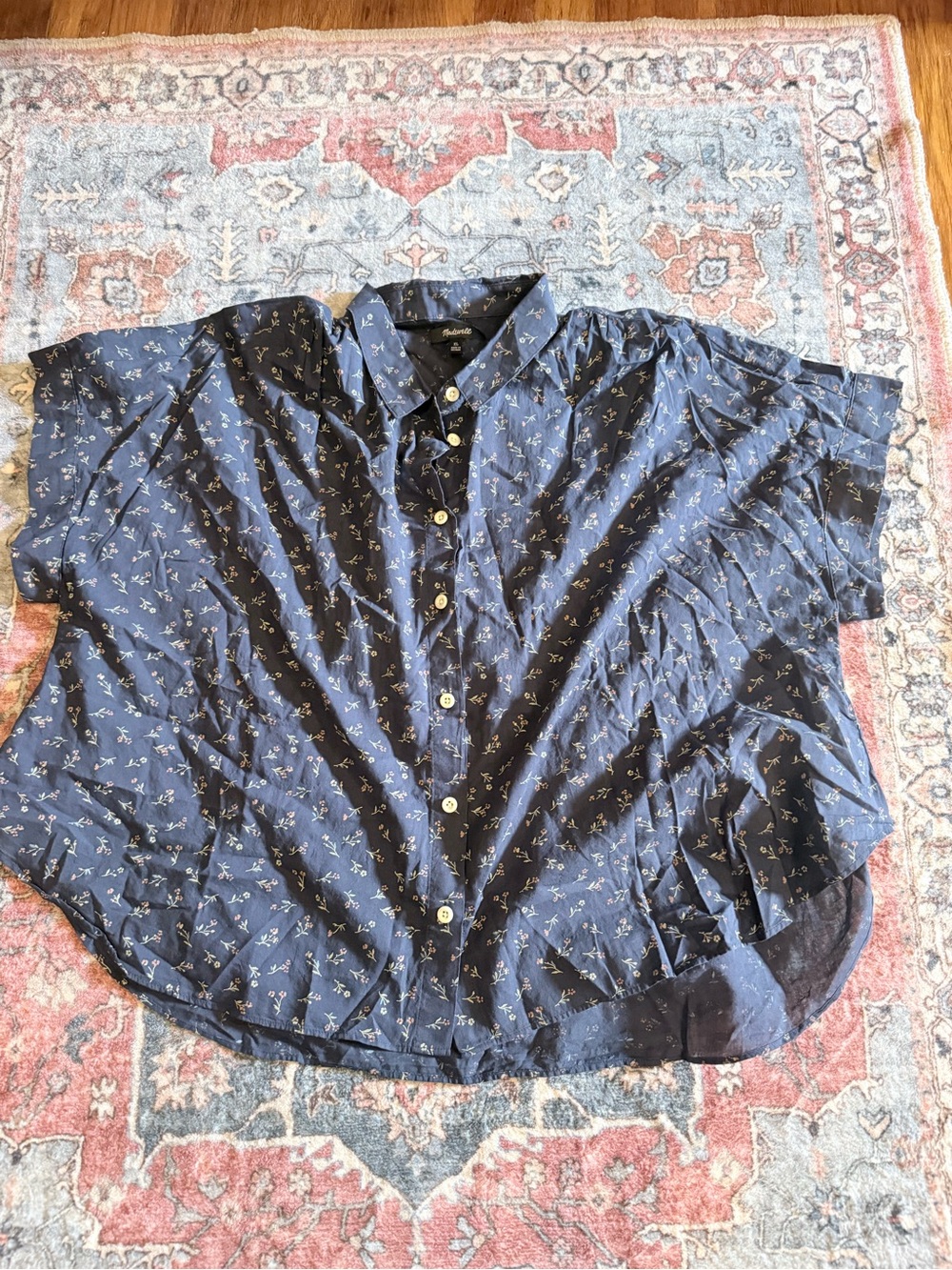 Madewell Navy Short-Sleeve Button-Down with Tiny Floral Print